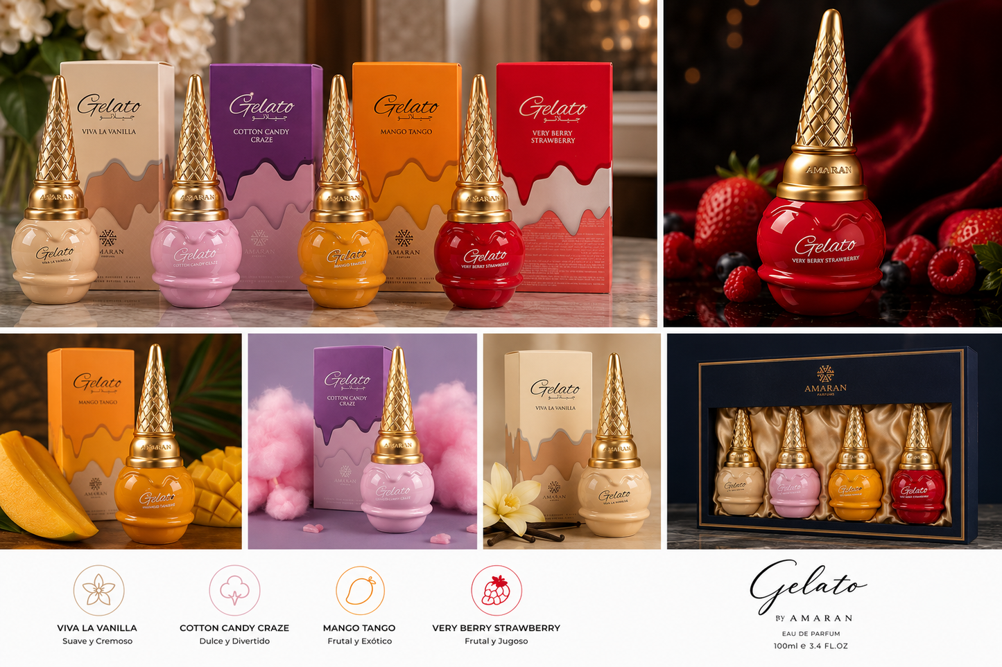 Gelato Collection by Amaran – 4 Perfumes Gift Set | Vanilla, Cotton Candy, Mango & Strawberry | 100ml Each